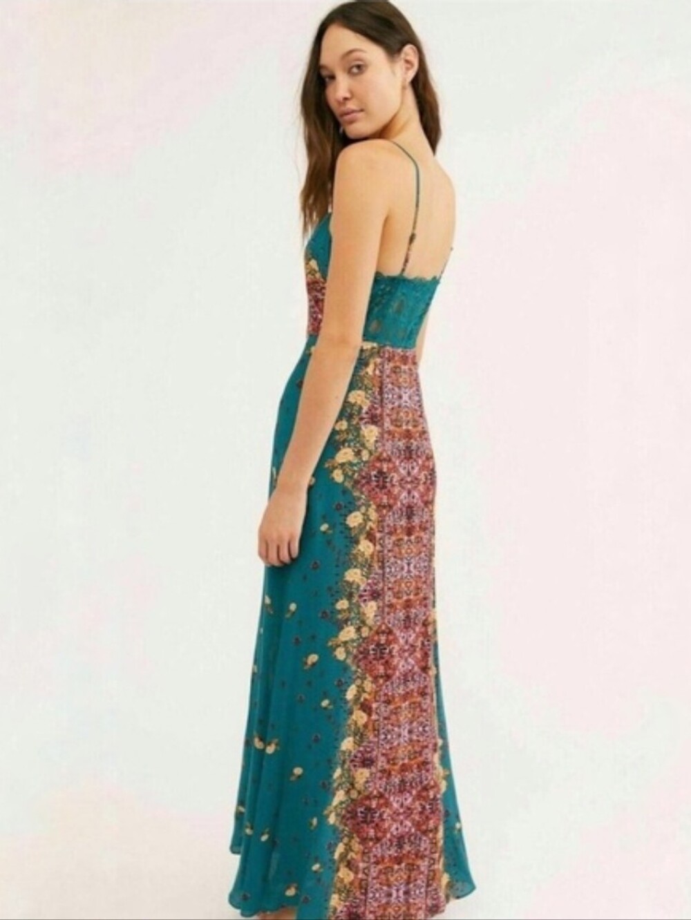 Free People Morning Song Teal Lace Detail Front Buttons Front Slit Maxi Dress - Picture 2 of 10